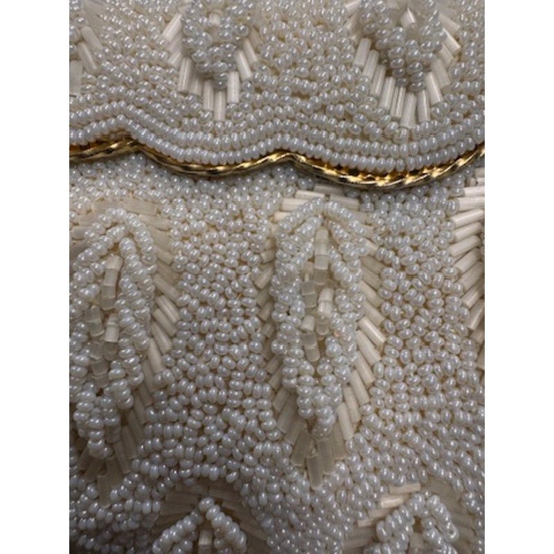 Vintage 1950s Rocaille White Ivory Seed Bead Leaf Design Evening Wedding Purse - MST GoodsVintage