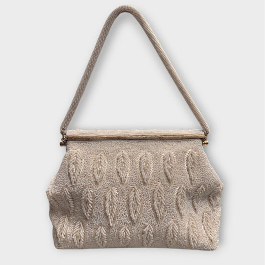Vintage 1950s Rocaille White Ivory Seed Bead Leaf Design Evening Wedding Purse - MST GoodsVintage