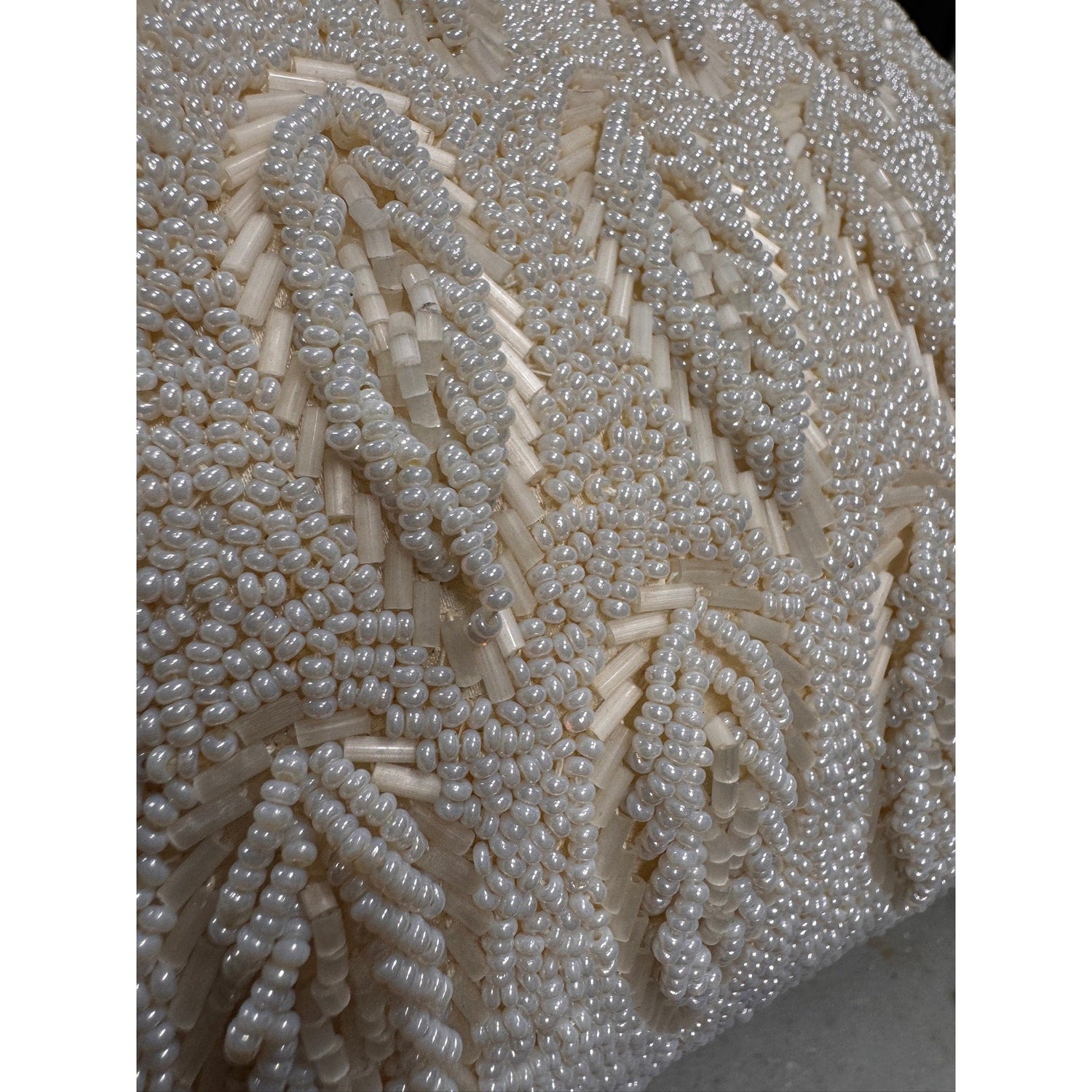 Vintage 1950s Rocaille White Ivory Seed Bead Leaf Design Evening Wedding Purse - MST GoodsVintage
