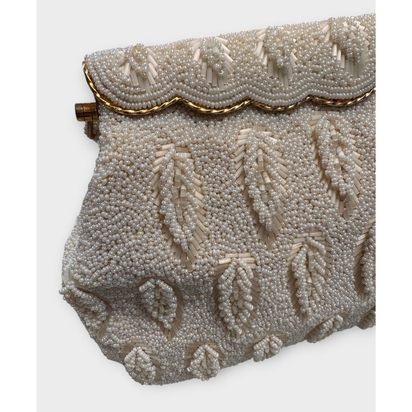 Vintage 1950s Rocaille White Ivory Seed Bead Leaf Design Evening Wedding Purse - MST GoodsVintage
