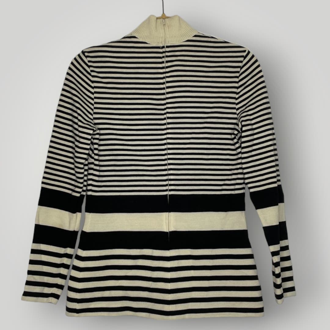 Vintage 1960s Black Cream Striped Mockneck Shirt Long Women's Small Wool - MST GoodsHandmade