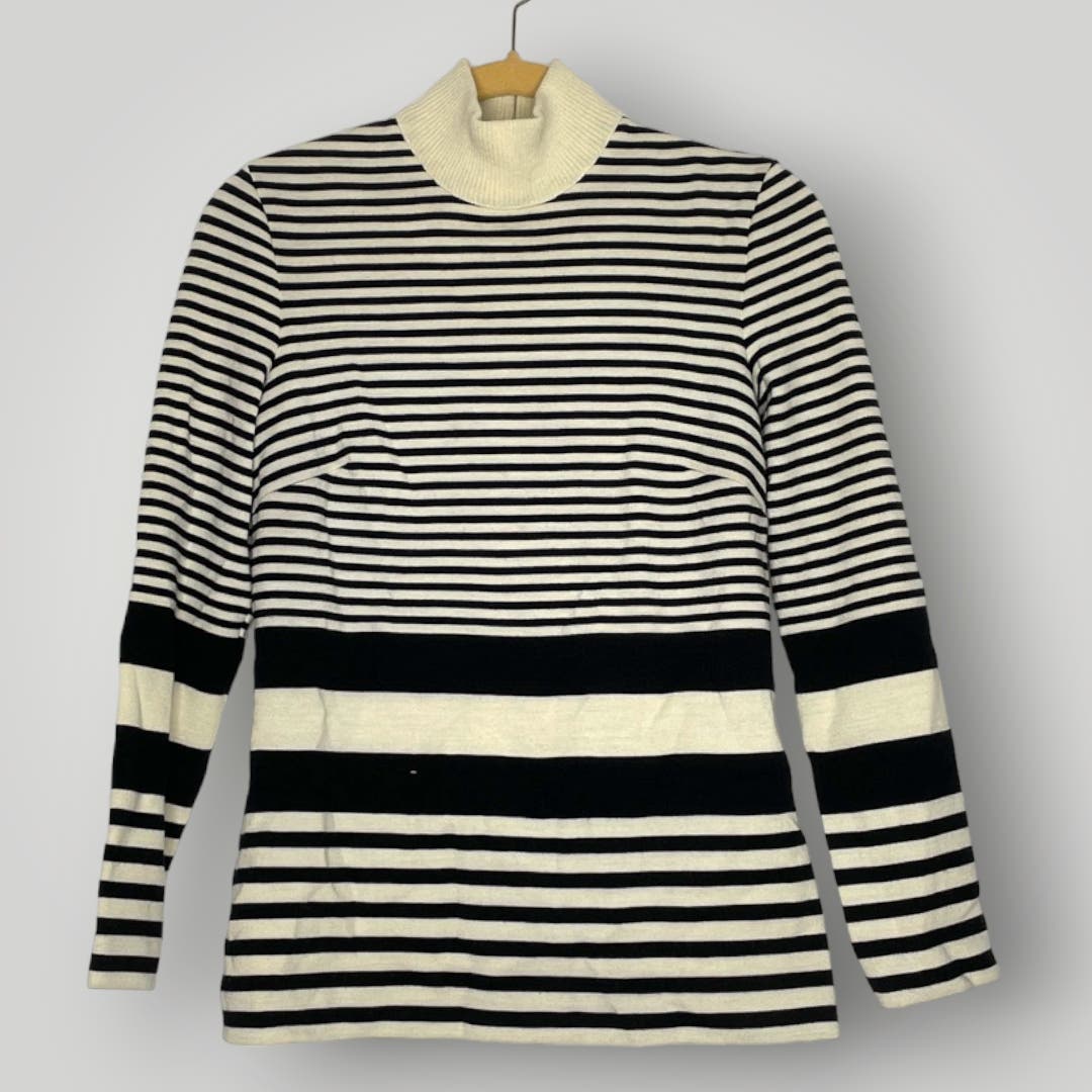 Vintage 1960s Black Cream Striped Mockneck Shirt Long Women's Small Wool - MST GoodsHandmade