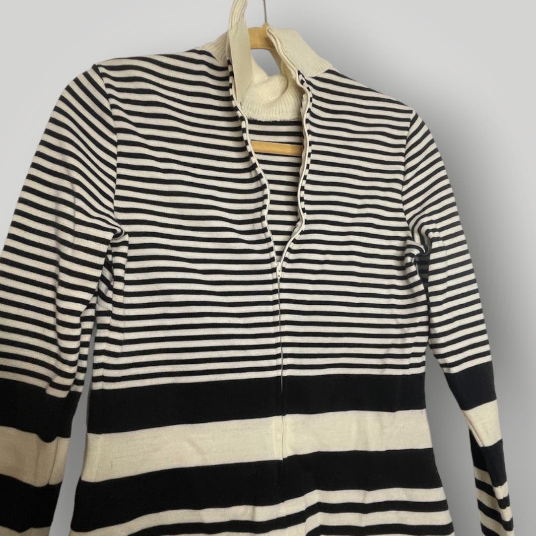 Vintage 1960s Black Cream Striped Mockneck Shirt Long Women's Small Wool - MST GoodsHandmade