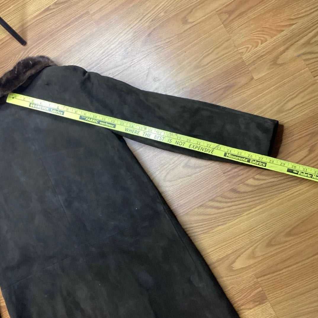Vintage 1960s Black Suede Leather Coat Women's M Fur Collar Long Button Front - MST GoodsVintage