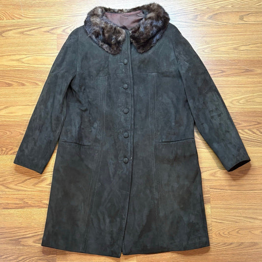 Vintage 1960s Black Suede Leather Coat Women's M Fur Collar Long Button Front - MST GoodsVintage