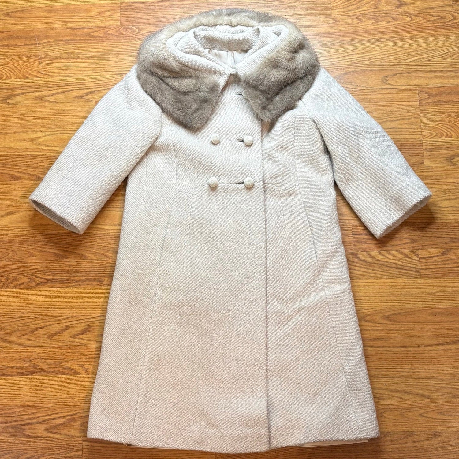 Vintage 1960s Carol Brent Wool Coat Womens Medium Ivory Fur Mink Collar Long - MST GoodsCarol Brent