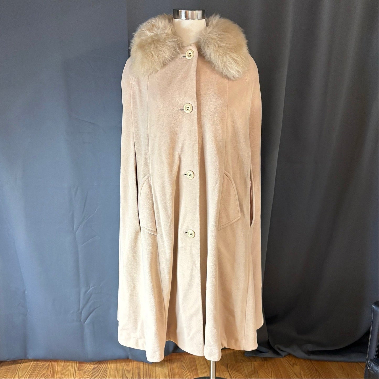 Vintage 1960s Cashmiracle Cape with Faux Fur Collar Beige Tan - MST GoodsKashmiracle
