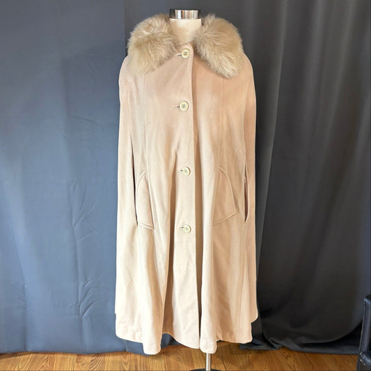 Vintage 1960s Cashmiracle Cape with Faux Fur Collar Beige Tan - MST GoodsKashmiracle