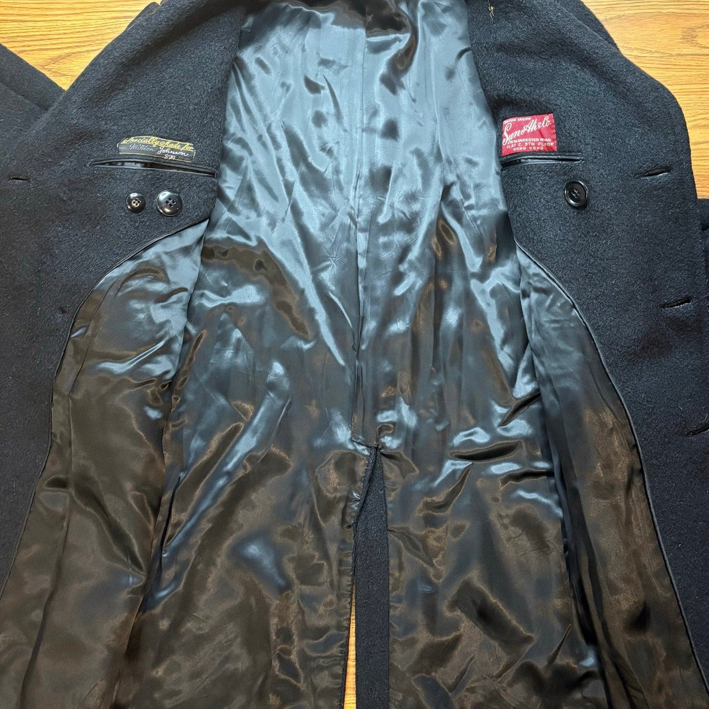 Vintage 1960s Custom Tailored Wool Overcoat Peacoat Black Mens Large Hong Kong - MST GoodsVintage