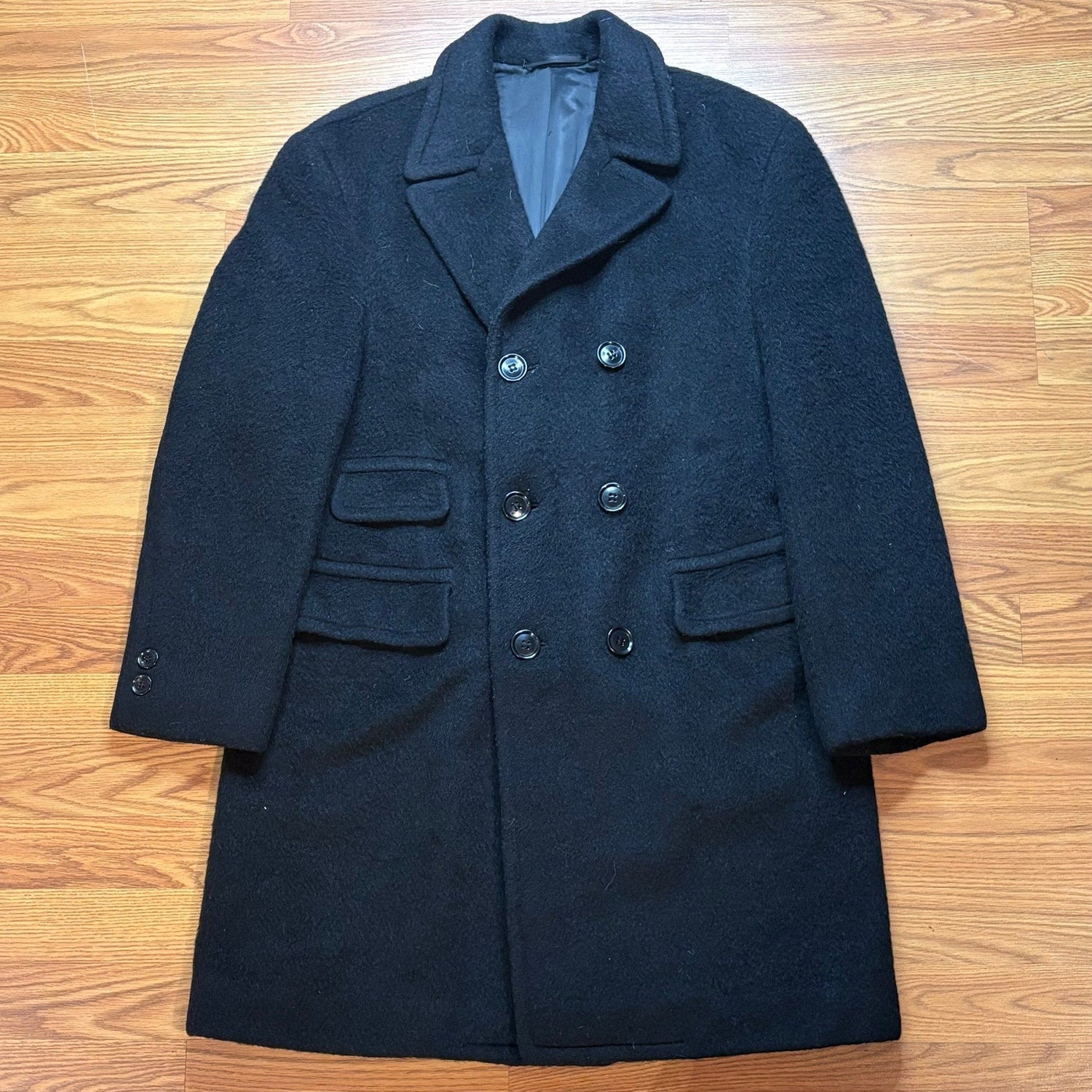 Vintage 1960s Custom Tailored Wool Overcoat Peacoat Black Mens Large Hong Kong - MST GoodsVintage