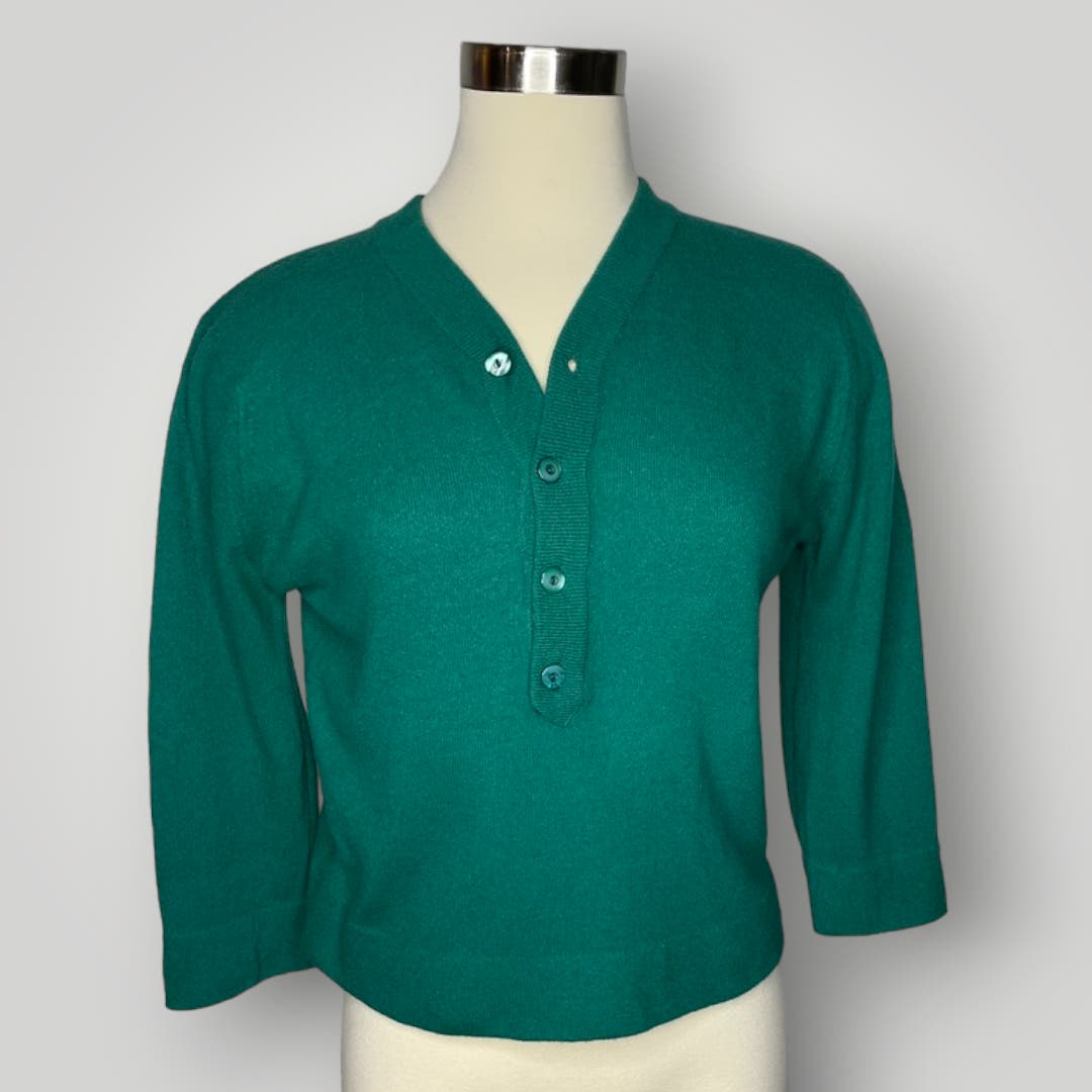 Vintage 1960s Dalton Joseph Magnin 100% Virgin Cashmere Green Sweater Button - MST GoodsJoseph Magnin