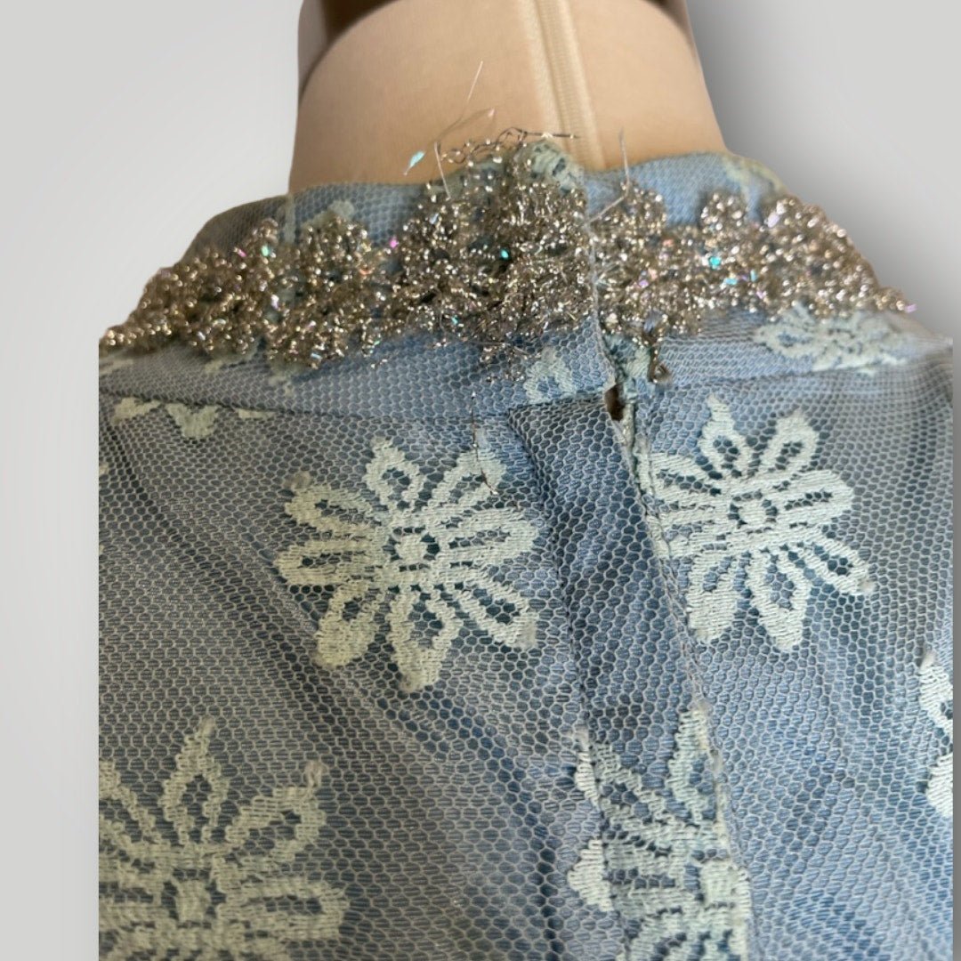 Vintage 1960s Handmade Dress Sheer Netting Embroidery Maxi Powder Blue Med F - MST GoodsHandmade