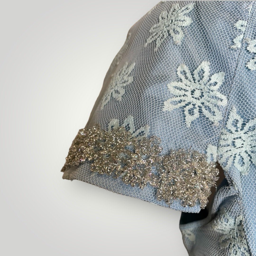 Vintage 1960s Handmade Dress Sheer Netting Embroidery Maxi Powder Blue Med F - MST GoodsHandmade