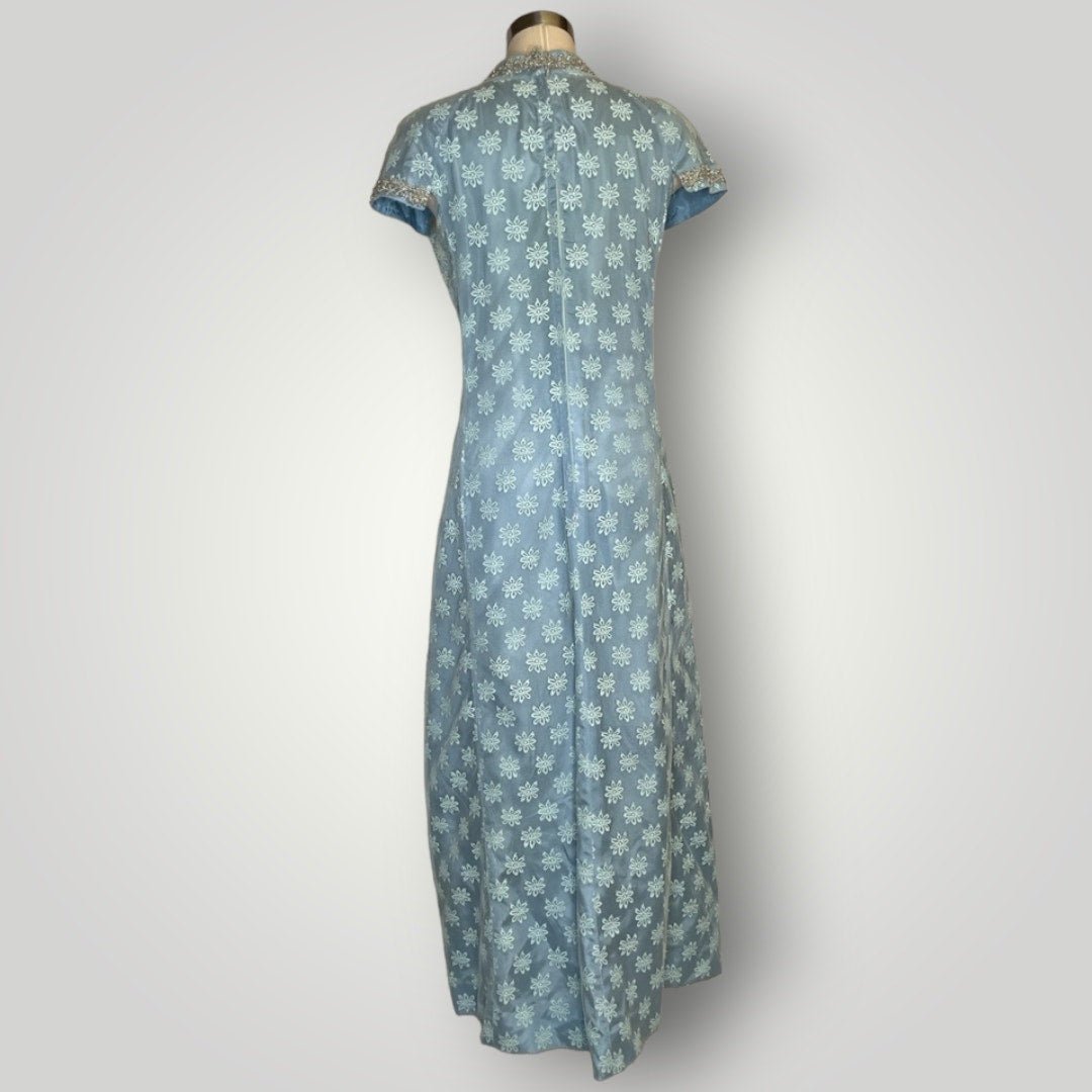 Vintage 1960s Handmade Dress Sheer Netting Embroidery Maxi Powder Blue Med F - MST GoodsHandmade