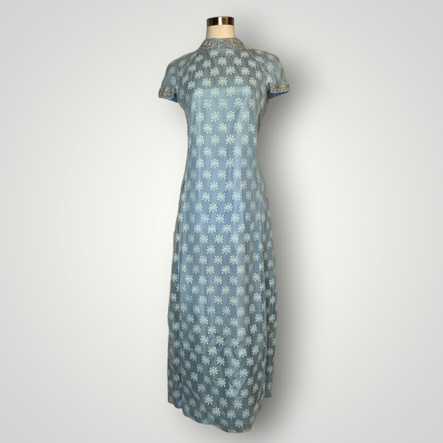 Vintage 1960s Handmade Dress Sheer Netting Embroidery Maxi Powder Blue Med F - MST GoodsHandmade