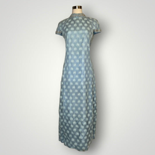 Vintage 1960s Handmade Dress Sheer Netting Embroidery Maxi Powder Blue Med F - MST GoodsHandmade