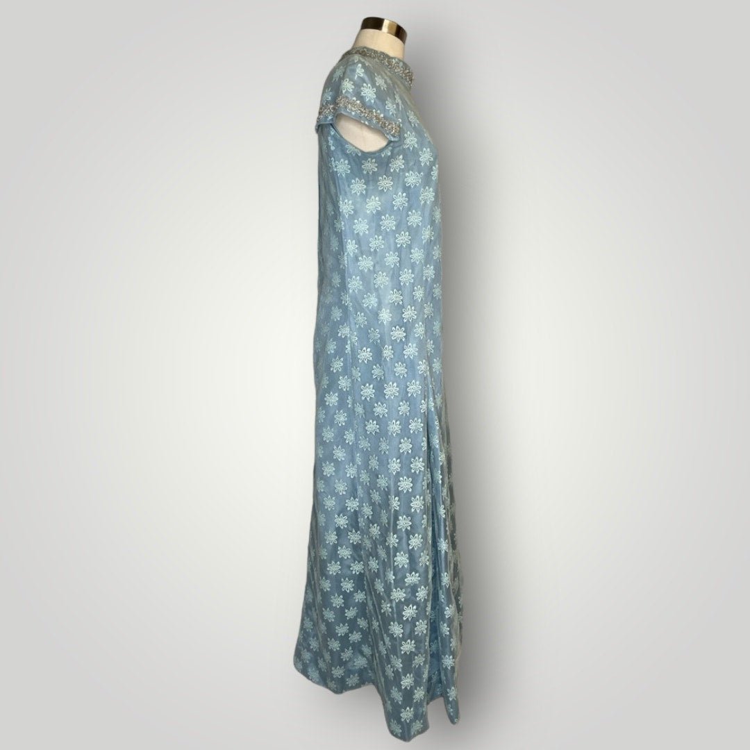 Vintage 1960s Handmade Dress Sheer Netting Embroidery Maxi Powder Blue Med F - MST GoodsHandmade