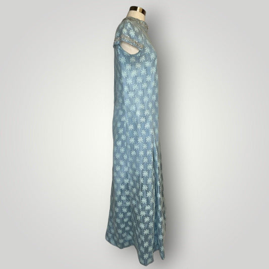 Vintage 1960s Handmade Dress Sheer Netting Embroidery Maxi Powder Blue Med F - MST GoodsHandmade