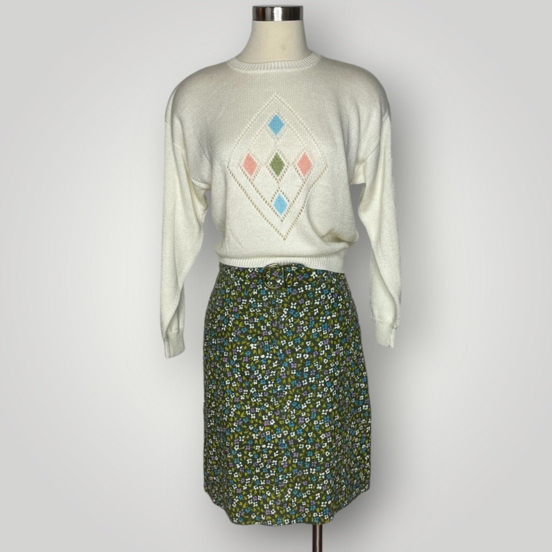 Vintage 1970s Floral Belted Mini Skirt Ditsy Skirt Green Blue Women's Small L - MST GoodsVintage