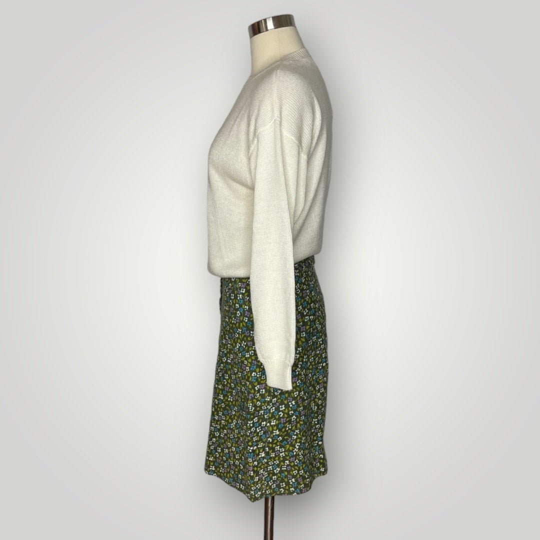 Vintage 1970s Floral Belted Mini Skirt Ditsy Skirt Green Blue Women's Small L - MST GoodsVintage