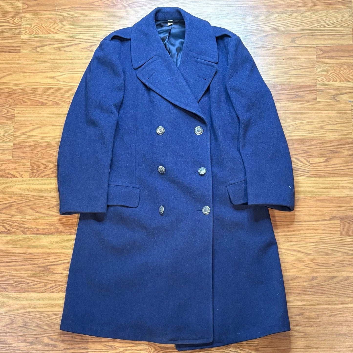 Vintage 1970s Navy Blue Wool Peacoat Men's Large Gold Buttons Double Breasted - MST GoodsVintage