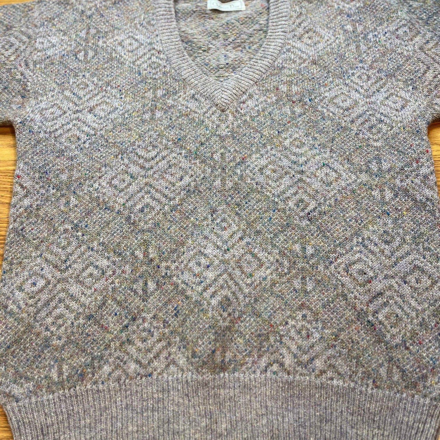 Vintage 1980s Christian Dior 100% Wool Geometric Knit V Neck Sweater Mens Large - MST GoodsChristian Dior