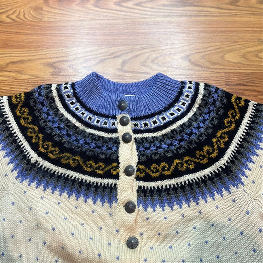 Vintage 1980s Handmade Fair Isle Wool Cardigan Sweater Blue Cream Women S Cottagecore - MST GoodsHandmade