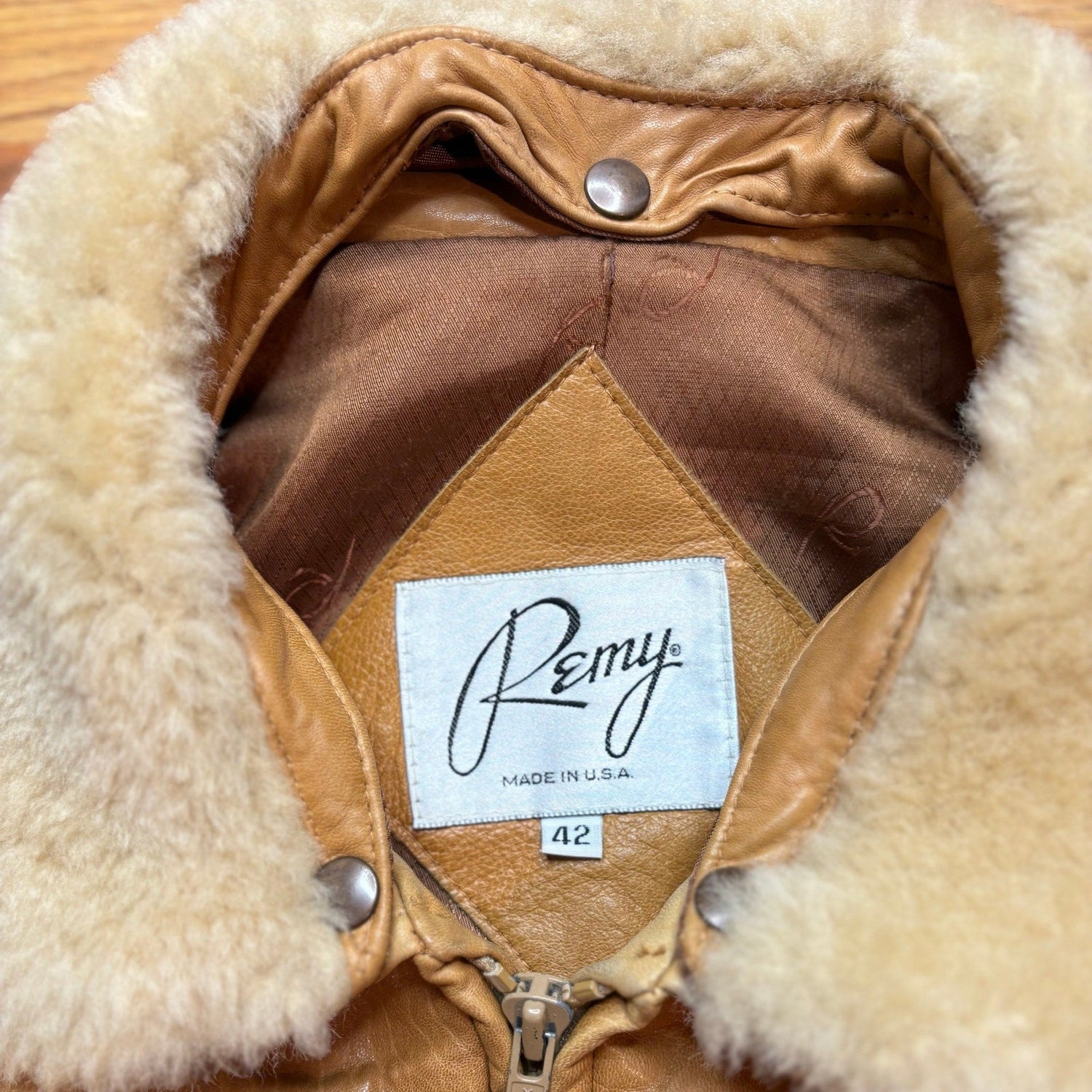 Vintage 1980s Remy Leather Bomber Tan Jacket Mens Large USA Shearling Collar - MST GoodsVintage