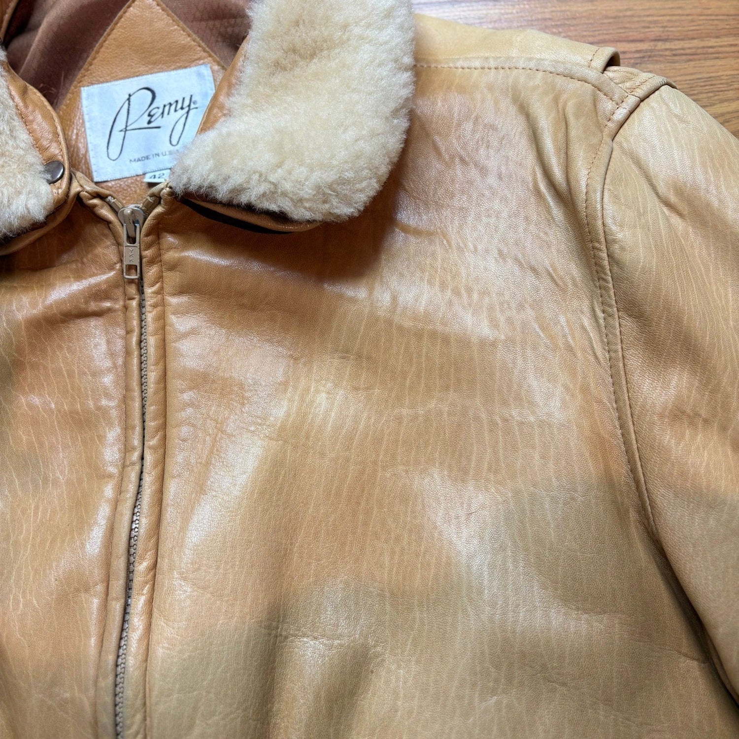 Vintage 1980s Remy Leather Bomber Tan Jacket Mens Large USA Shearling Collar - MST GoodsVintage