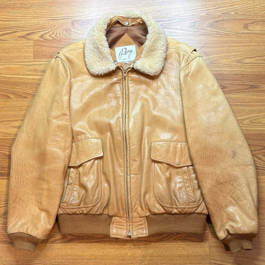 Vintage 1980s Remy Leather Bomber Tan Jacket Mens Large USA Shearling Collar - MST GoodsVintage