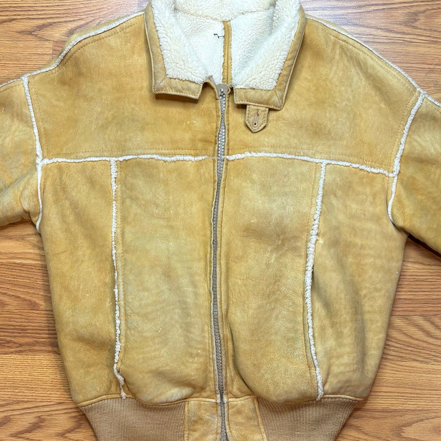 Vintage 1980s Suede Shearling Sheepskin Jacket Mens Large Tan Western Bomber - MST GoodsVintage