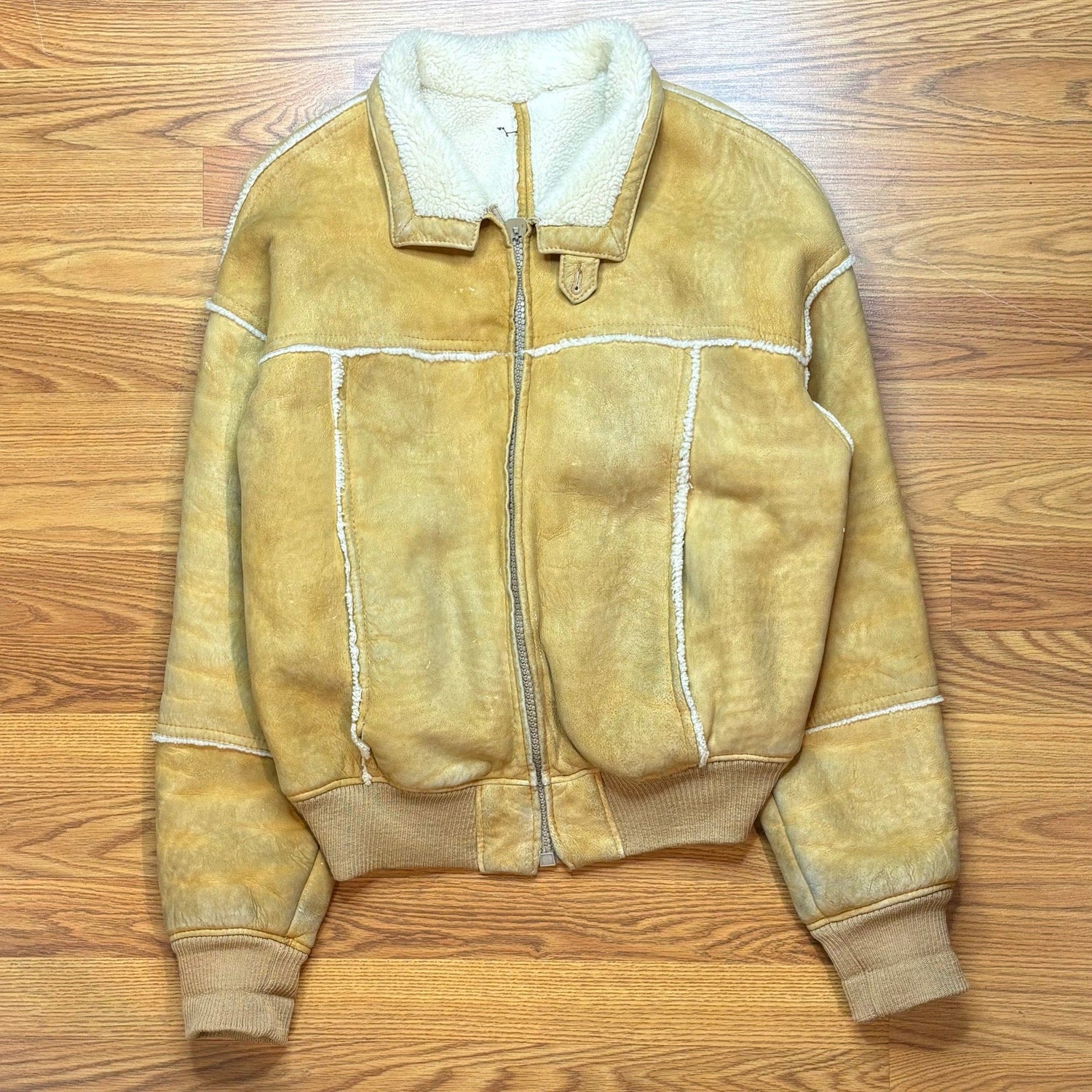 Vintage 1980s Suede Shearling Sheepskin Jacket Mens Large Tan Western Bomber - MST GoodsVintage