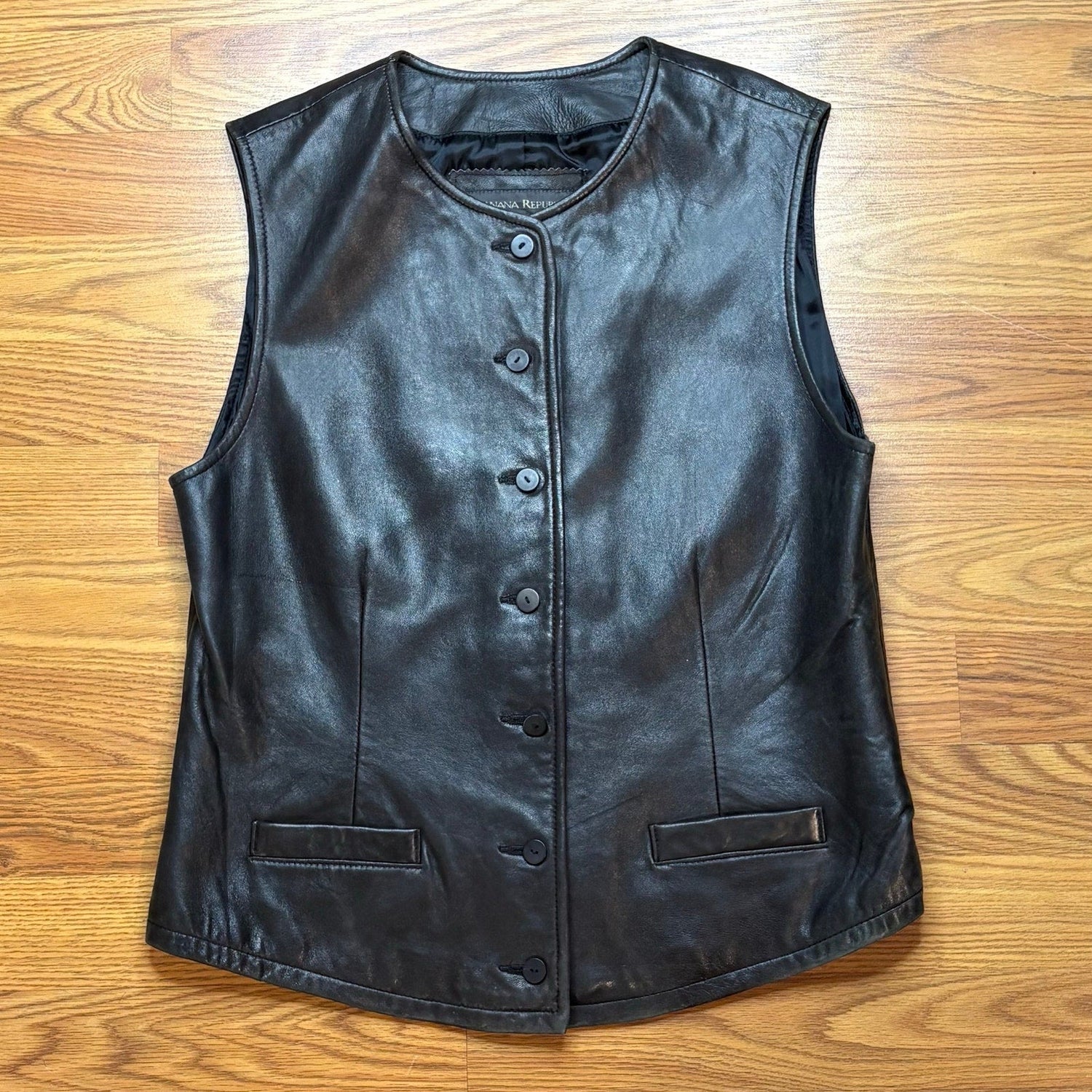 Vintage 1990s Banana Republic Genuine Leather Vest Black Womens M Western - MST GoodsVintage