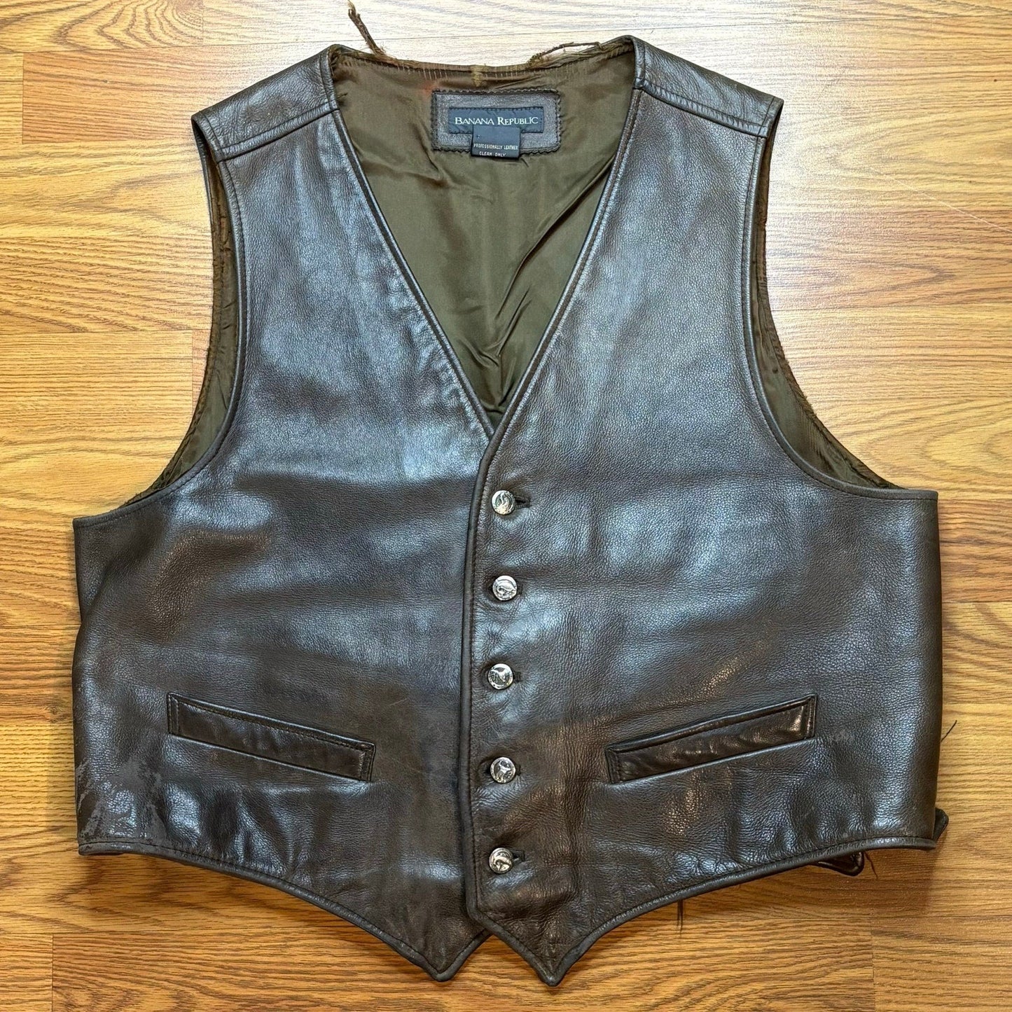 Vintage 1990s Banana Republic Leather Vest Brown Mens XL Western Biker USA - MST GoodsVintage