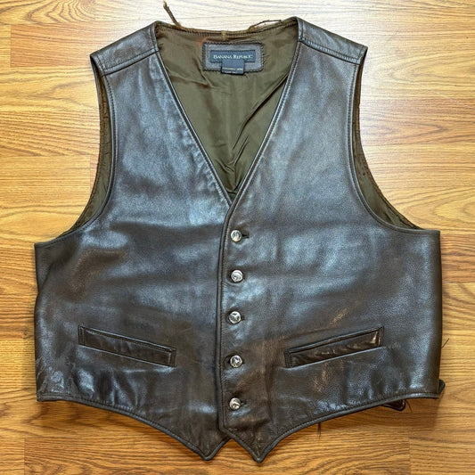 Vintage 1990s Banana Republic Leather Vest Brown Mens XL Western Biker USA - MST GoodsVintage