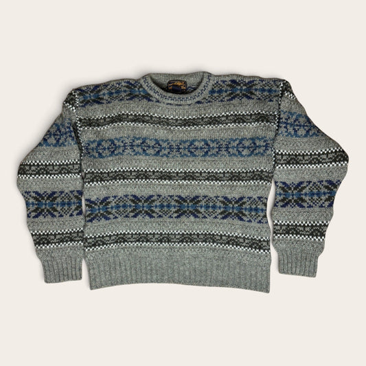 Vintage 1990s Men's Eddie Bauer Shetland Wool Sweater Snowflakes Gray Brown Blue - MST GoodsEddie Bauer