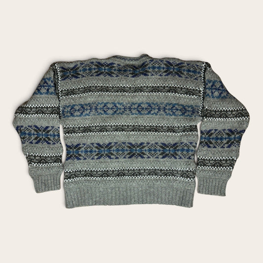 Vintage 1990s Men's Eddie Bauer Shetland Wool Sweater Snowflakes Gray Brown Blue - MST GoodsEddie Bauer