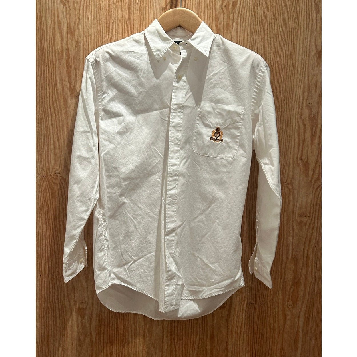 Vintage 1990s Polo Dress White Embroidered Crest Spellout Button Down Shirt L - MST GoodsPolo by Ralph Lauren