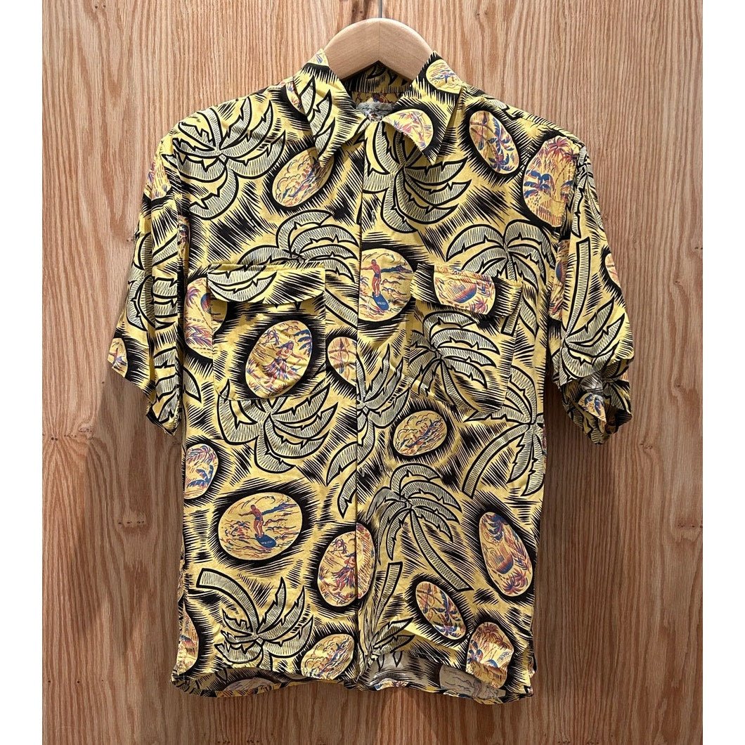Vintage 1990s Reyn Spooner Hawaiian shirt Yellow Palm Surfer Men's Medium - MST GoodsReyn Spooner