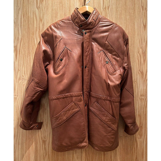 Vintage 1990s Saxony Leather Coat Long Rich Brown Smooth Men's Winter Lined L - MST GoodsSaxony