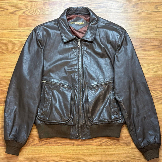 Vintage 80s Stratojac Leather Bomber Jacket Brown Made Korea Mens L - MST GoodsVintage