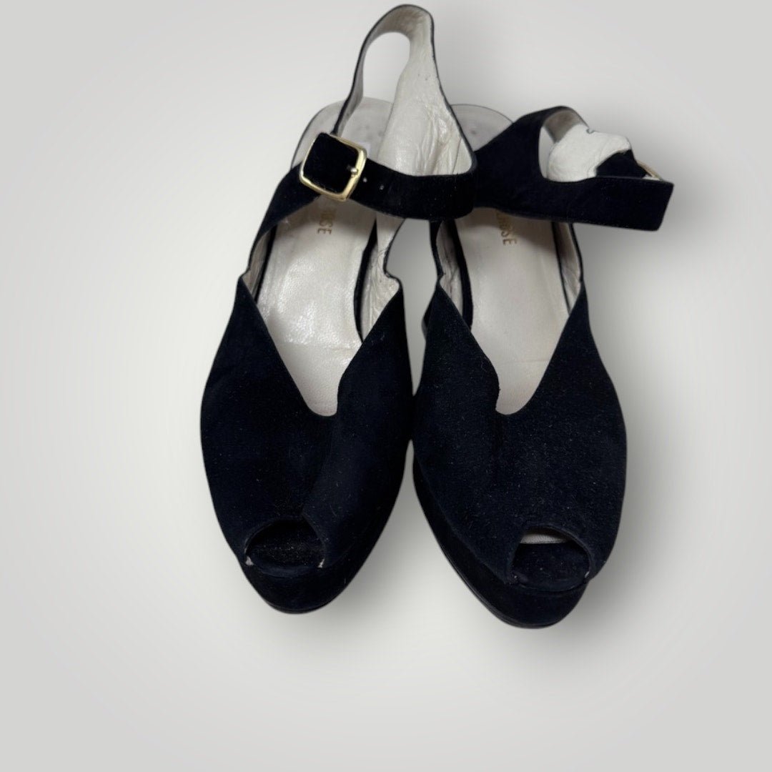Vintage 8.5 Suede Heel Peep Toe Ankle Strap Black Sculpted Heel Platform - MST GoodsXTC On Melrose
