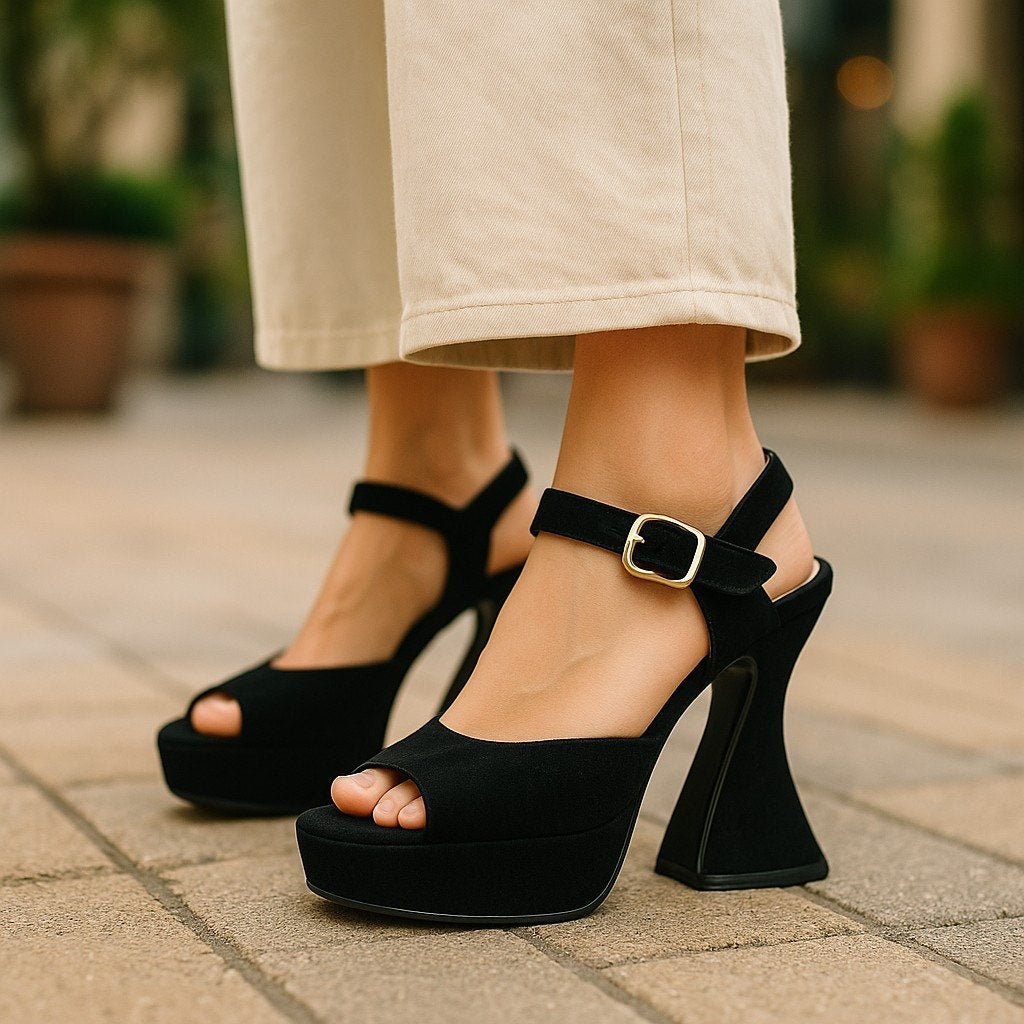 Vintage 8.5 Suede Heel Peep Toe Ankle Strap Black Sculpted Heel Platform - MST GoodsXTC On Melrose