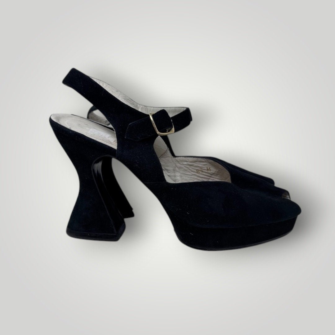 Vintage 8.5 Suede Heel Peep Toe Ankle Strap Black Sculpted Heel Platform - MST GoodsXTC On Melrose