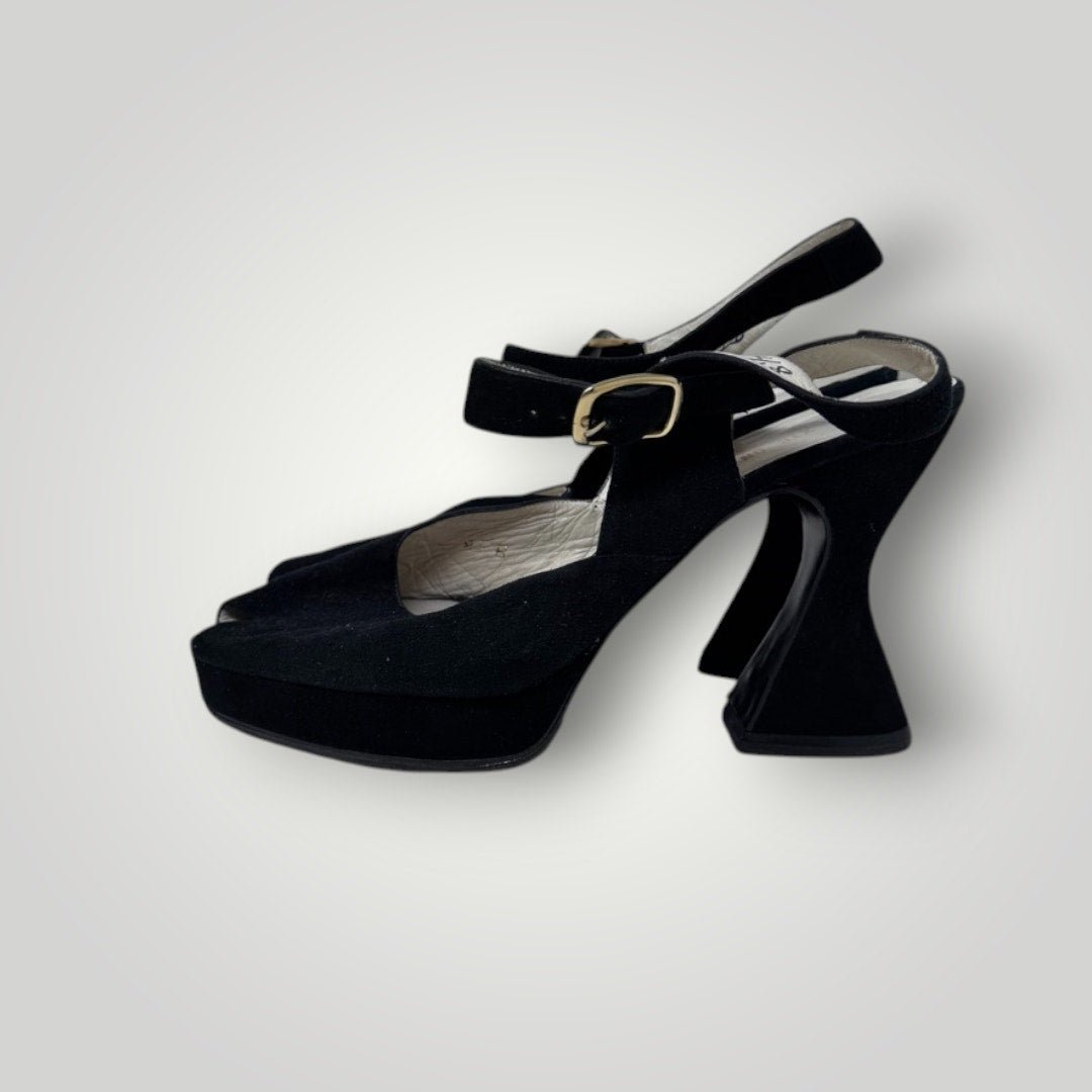 Vintage 8.5 Suede Heel Peep Toe Ankle Strap Black Sculpted Heel Platform - MST GoodsXTC On Melrose