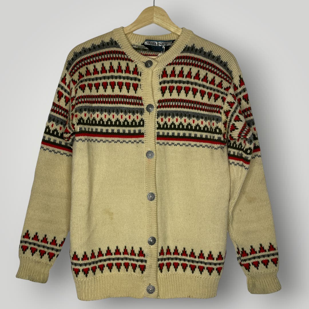 Vintage Dale of Norway Wool Scandinavian Cardigan Sweater Medium Cream Red Green - MST GoodsDale of Norway