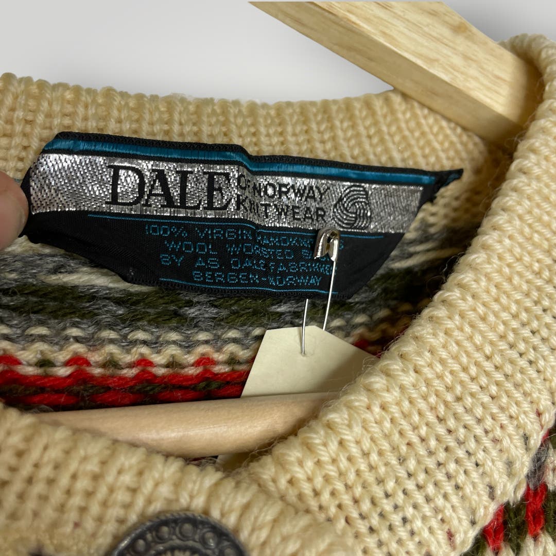 Vintage Dale of Norway Wool Scandinavian Cardigan Sweater Medium Cream Red Green - MST GoodsDale of Norway