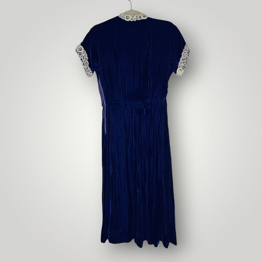 Vintage Dress 1940s Blue Velvet Lace Collar and Arm Rhinestone Button - MST GoodsHandmade