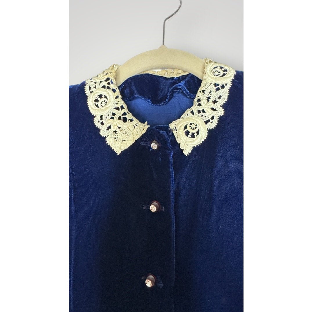 Vintage Dress 1940s Blue Velvet Lace Collar and Arm Rhinestone Button - MST GoodsHandmade