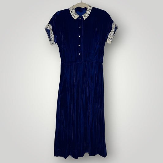 Vintage Dress 1940s Blue Velvet Lace Collar and Arm Rhinestone Button - MST GoodsHandmade